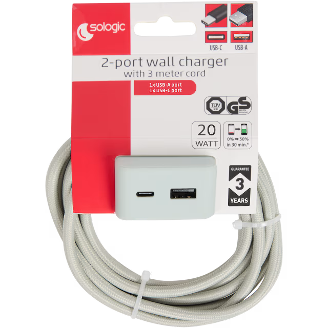 Chargeur secteur à 2 ports Sologic 20 watts