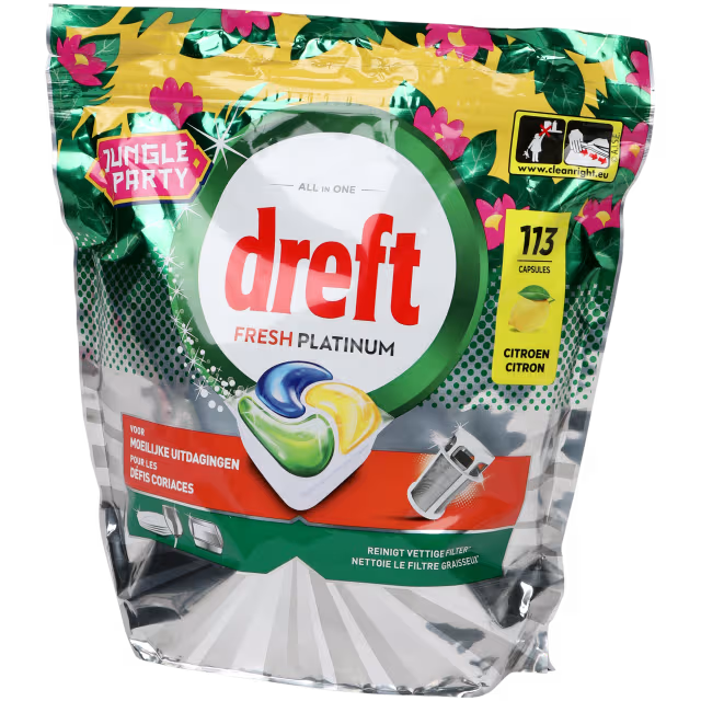 Capsules de lave-vaisselle all-in-one Dreft Fresh Platinum Jungle Party Citron